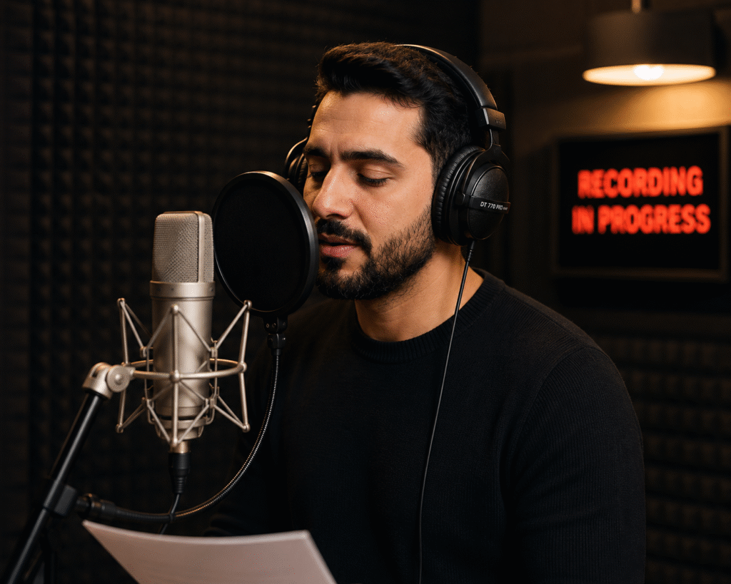 Professional Arabic voice over artist recording in a studio